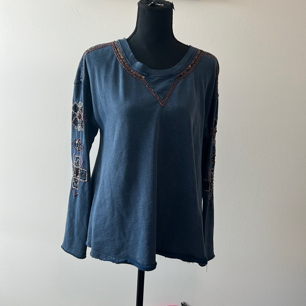 Free People Blue Embroidered Sweatshirt